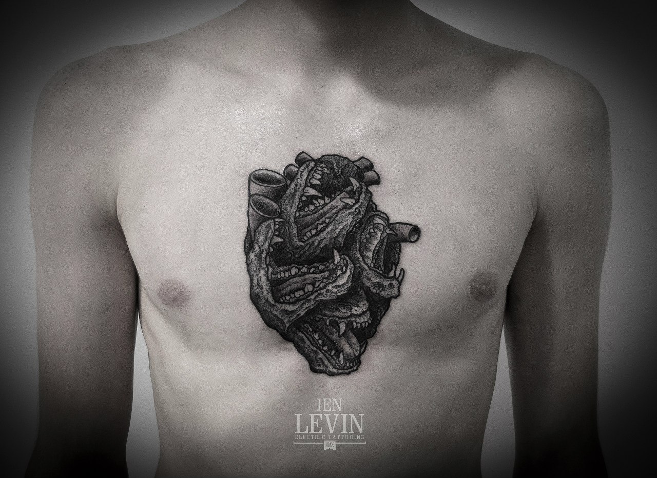 Lizard Jaws Heart Dotwork tattoo by Ien Levin